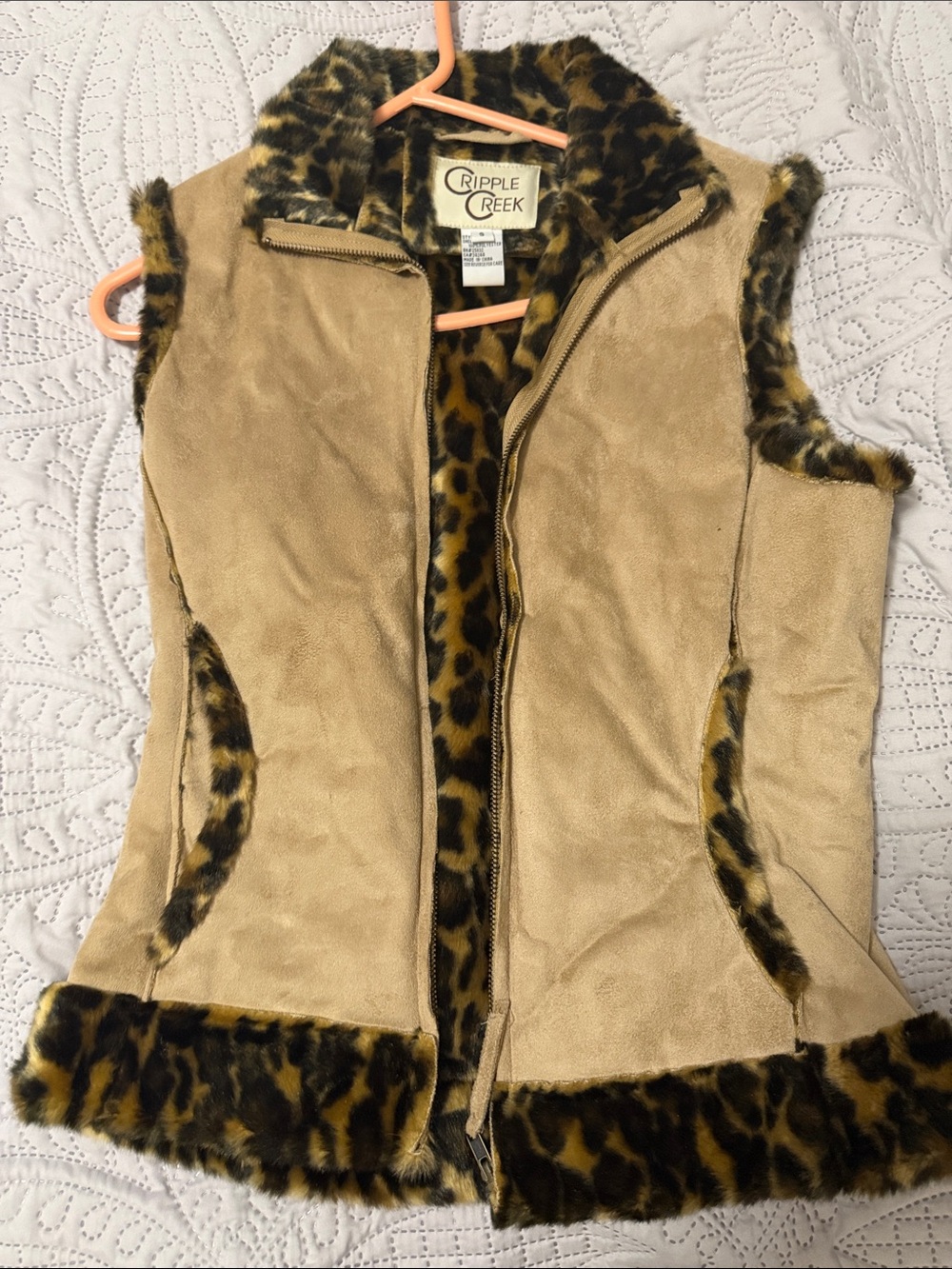 Cripple Creek Tan Faux Suede Vest with Leopard Trim